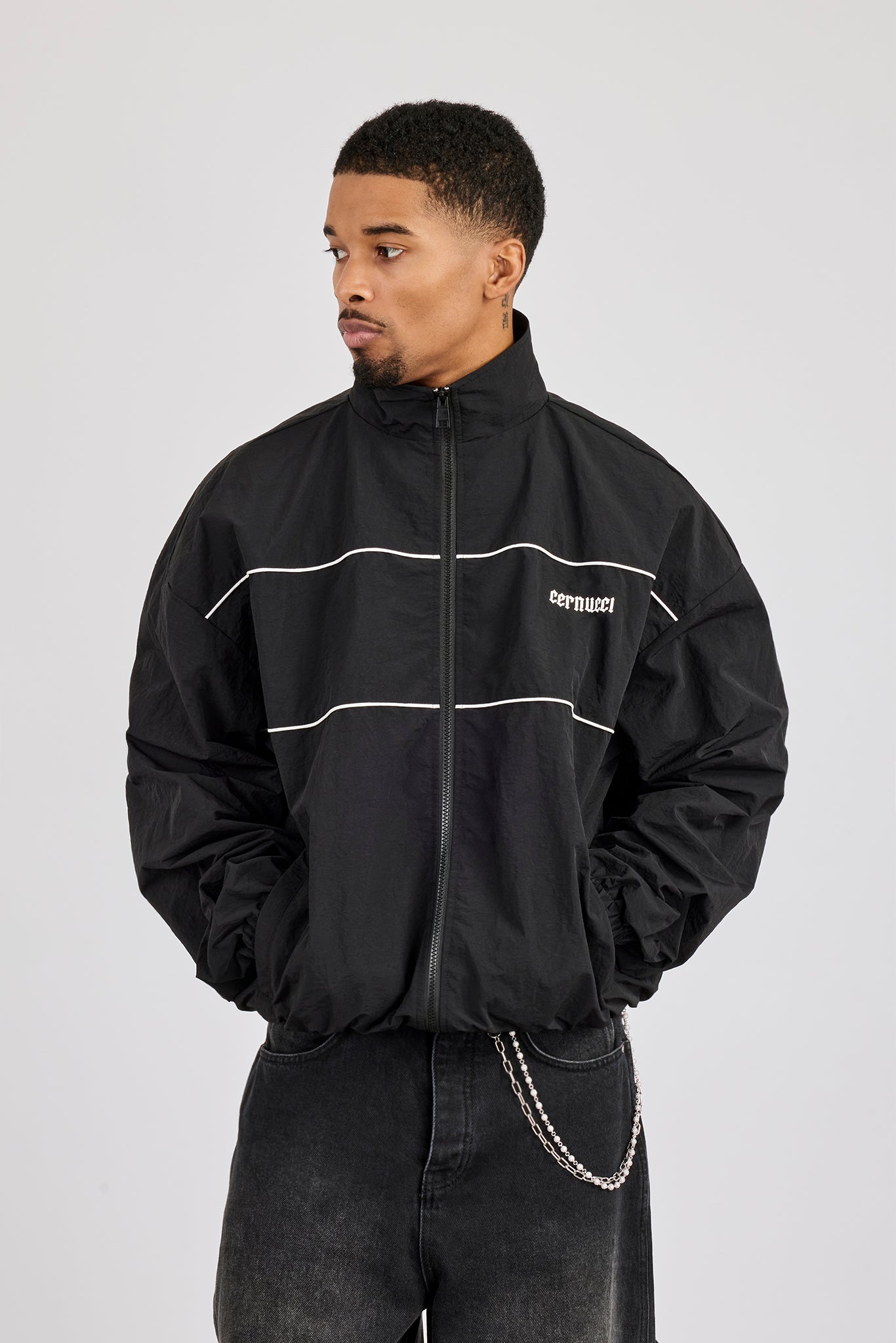 Nylon Contrast Funnel Neck Track Jacket - Black